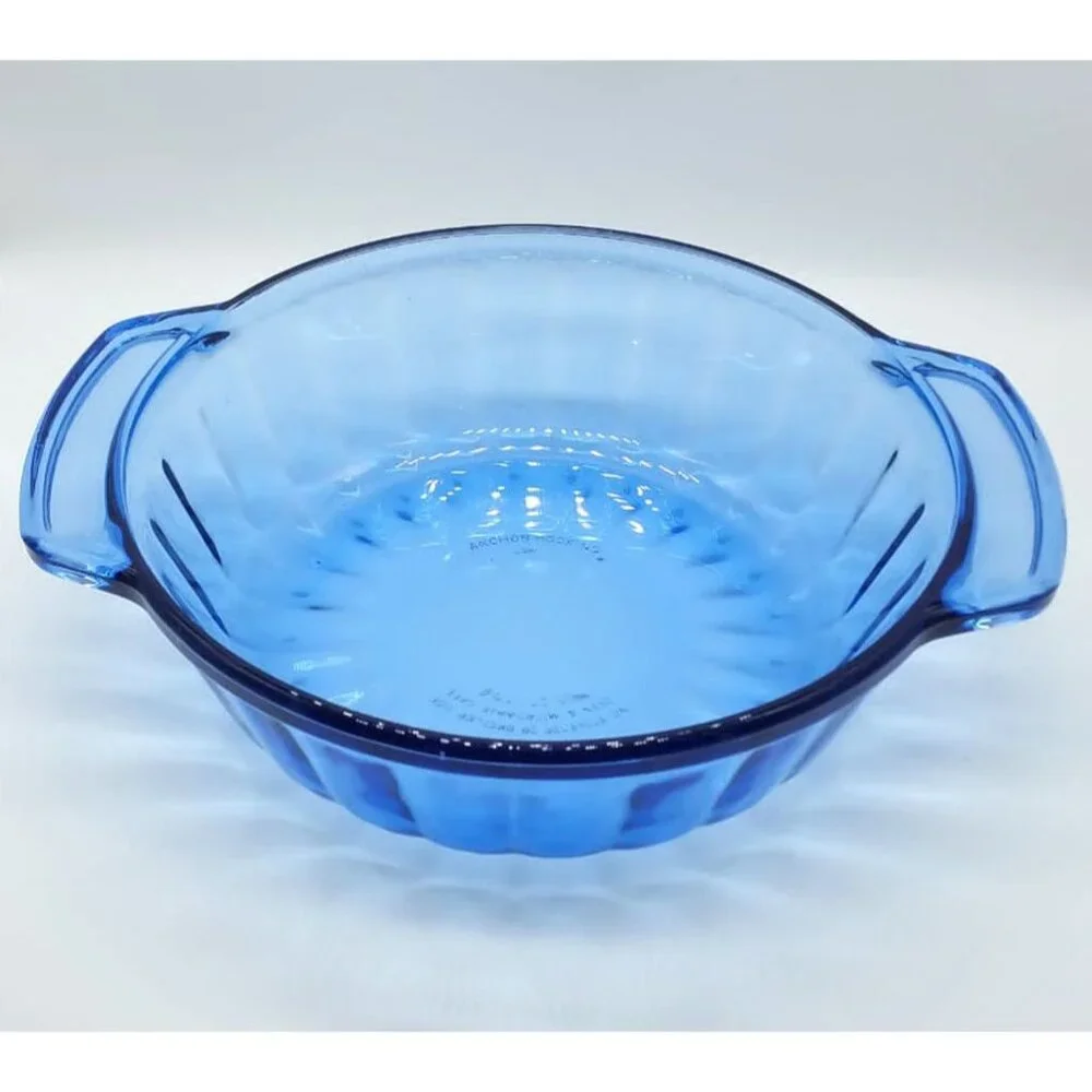 Vintage Anchor Hocking 1.5Qt Blue Fluted Round Casserole Dish with Handles